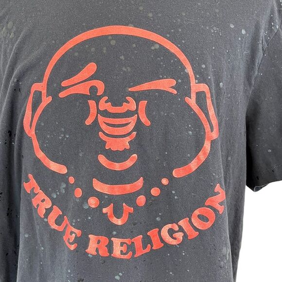 TRUE RELIGION Black Splatter Buddha Wink Graphic T Shirt Sz 3XL Y2K AOP Retro - Picture 2 of 10